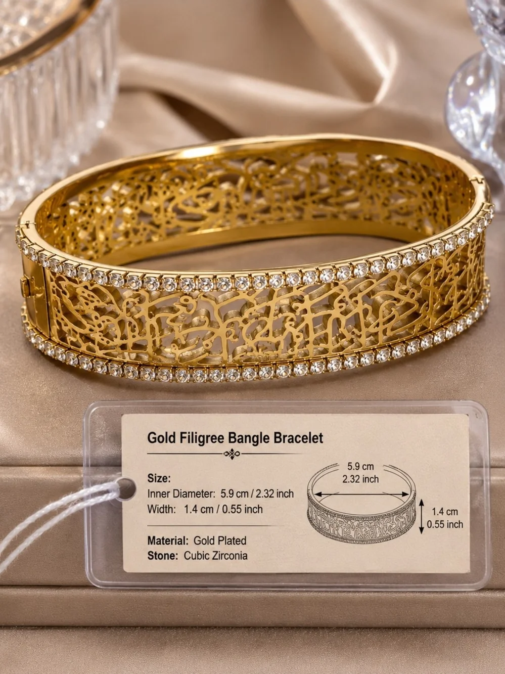Elegant  Gold Script Filigree Bangle with Crystal Rows